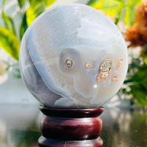 Unique 92MM Natural Druzy Blue & White Agate Crystal Stone Sphere Ball Metaphysical | Meditation Healing Crystal