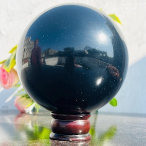 Piedra espiritual de poder de obsidiana negra natural de 149 mm / Bola esférica hecha a mano