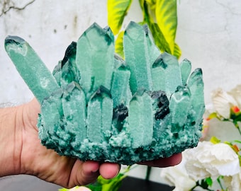 Green Phantom Quartz Crystal Cluster Point: Metaphysical Meditation Stone 115MM