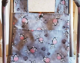 Grey Zebra Zimmer frame bag, walking frame bag, accessories, walking aid, handmade, bag, storage, care home, gift, Zimmer caddy