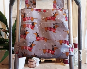 Winter dachshund Zimmer frame bag, walking frame bag, accessories, walking aid, handmade, bag, storage, care home, gift, Zimmer caddy