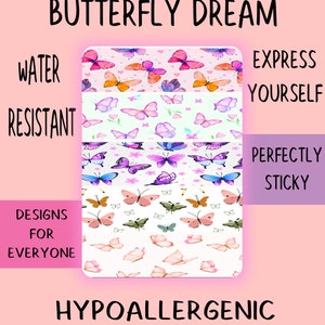 May include: Water resistant, hypoallergenic and perfectly sticky, these butterfly patterned stickers are designed for everyone to express themselves. The stickers feature a variety of colourful butterflies on a white background.
