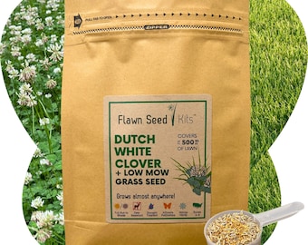 Flawn Seed Dutch White Clover + Low Mow Fine Fescue Lawn Seed - Easy to Use, Kid, Pet, Pollinator & Eco-Friendly Grass