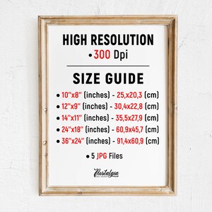 Puede incluir: Una imagen enmarcada con el texto "HIGH RESOLUTION &bull; 300 Dpi" y "SIZE GUIDE" con una lista de diferentes tama&ntilde;os en pulgadas y cent&iacute;metros. La imagen tambi&eacute;n incluye el texto "5 JPG Files" y "Nostalgia".