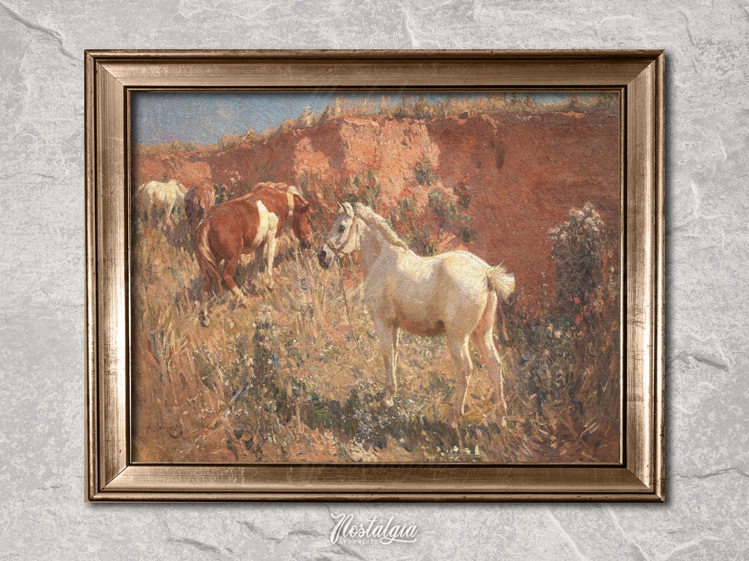 Vintage Horse Wall Art Farmhouse Decor Horse Oil Painting Rustic
