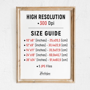 Może przedstawiać: Obraz w ramie z tekstem "HIGH RESOLUTION &bull; 300 Dpi" i "SIZE GUIDE" z listą rozmiar&oacute;w w calach i centymetrach. Obraz zawiera r&oacute;wnież tekst "5 JPG Files" i "Nostalgia".