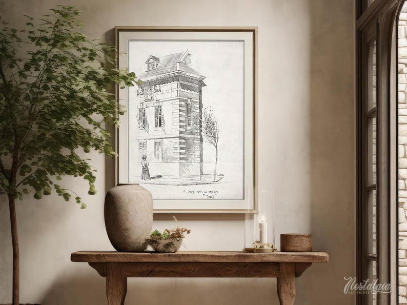 Rustic Architectural Sketch, Minimalist Wall Art, Cityscape Printable ...
