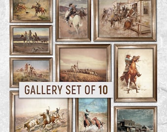May include: A gallery wall set of 10 framed prints featuring vintage illustrations of cowboys on horseback. The prints are in a rustic style with a brown wood frame and a white mat.