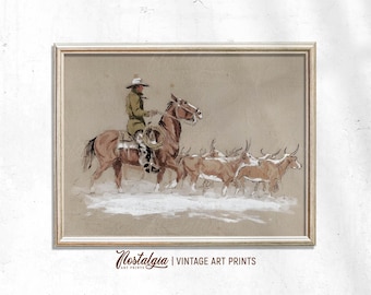 Pode incluir: Impressão de arte vintage emoldurada retratando um cowboy a cavalo conduzindo gado. A obra de arte apresenta uma paleta de cores suaves, com o cowboy em um casaco verde e chapéu branco. A impressão é emoldurada e contém o texto "Nostalgia | Vintage Art Prints".
