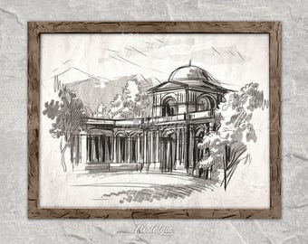 Vintage Sketch Architecture Wall Art Cityscape Drawing Rustic Wall Decor PRINTABLE Digital Download, 626