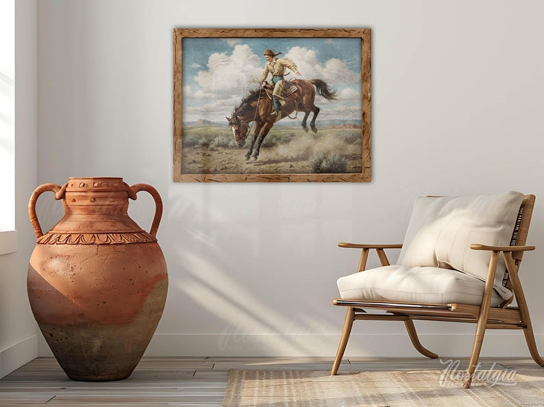 Puede incluir: Una pintura enmarcada de un vaquero montando un caballo marr&oacute;n. El vaquero lleva una camisa blanca y un sombrero marr&oacute;n. El caballo est&aacute; dando coces y levantando polvo. La pintura est&aacute; ambientada en un cielo azul con nubes blancas.