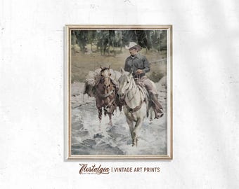 Impresión de jinete, pintura de vaquero vintage, arte del muro occidental, descarga digital imprimible, 817