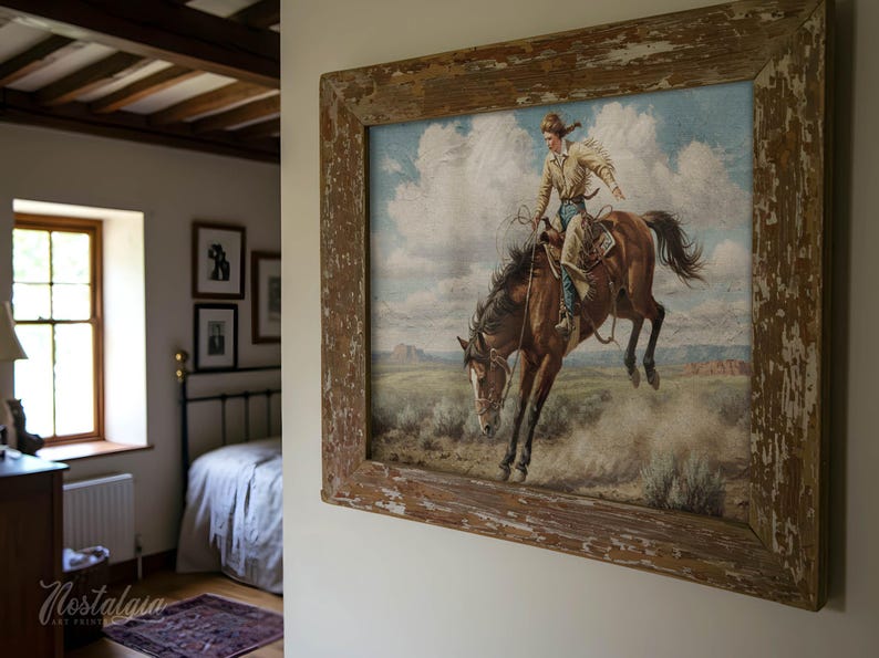 Puede incluir: Una pintura enmarcada de una persona montando un caballo marr&oacute;n en un campo. El caballo se est&aacute; levantando sobre sus patas traseras, y la persona est&aacute; sujetando las riendas. La pintura est&aacute; ambientada contra un cielo azul con nubes blancas.
