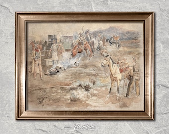 Antique Western Print | Cowboy Painting | Rustic Wall Decor | Rodeo Printable Art | Digital Download | 347