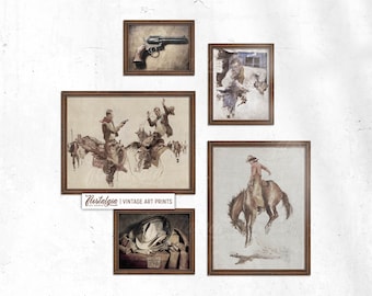 Vintage westerncowboy-kunstdrukset van vijf: rustiek zuidwestelijk decor (digitale download), GS-0024