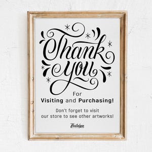 Puede incluir: Una impresi&oacute;n enmarcada con un mensaje de agradecimiento en cursiva en blanco y negro con estrellas y remolinos. El texto debajo dice "&iexcl;Gracias por visitar y comprar! &iexcl;No olvides visitar nuestra tienda para ver otras obras de arte!" con la palabra "Nostalgia" en la parte inferior.