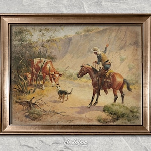 Vintage Cowboy Oil Painting Print: Rustic Horse Rider Wall Art (Digital Download) 295