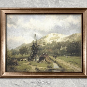 Vintage Windmill Landscape Oil Painting: Moody Village Art (Digital Download), 351