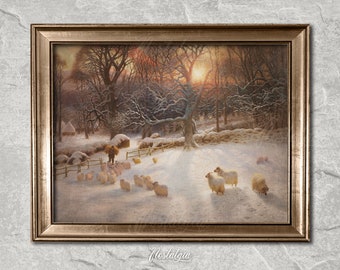 Vintage Winter Sheep Painting: Sunset Scenery Art (Digital Download), 196