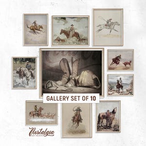 Vintage Cowboy Painting Gallery Set Of Ten, Rustic Western Wall Decor, Horse Rider Print, PRINTABLE Horse Art Set, Digital Download, GS-0031