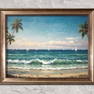 Tropical Beach Oil Painting, Vintage Coastal Wall Art, PRINTABLE Digital Downloadable, 595