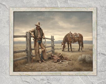 Pintura al óleo de vaquero, impresión artística de jinete, decoración vintage del oeste, descarga digital imprimible, 596