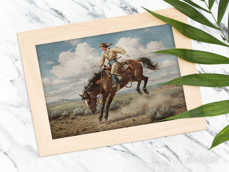 Puede incluir: Una pintura de estilo vintage de un vaquero montando un caballo marr&oacute;n. El vaquero lleva una camisa marr&oacute;n claro y pantalones vaqueros. El caballo est&aacute; dando coces y levantando polvo. La pintura est&aacute; enmarcada en un marco de madera claro.