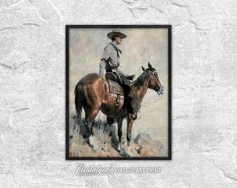 Horse Rider Print Antique Cowboy Painting, Rustic Wall Art 