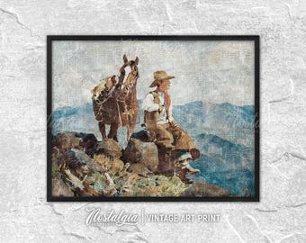 Horse Rider Print Western Wall Decor Vintage Cowboy Painting, PRINTABLE Digital Download, 713