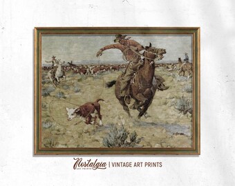 Vintage Cowboy Art Print: Western Horse Rider Painting (Digital Download), 847