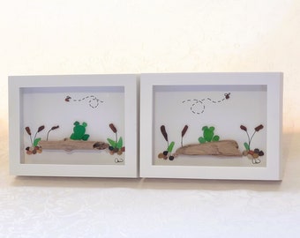 Framed Sea Glass Art Picture - Frog On A Log