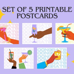 Lot de 5 cartes postales imprimables cocktails (fichier PDF numérique)