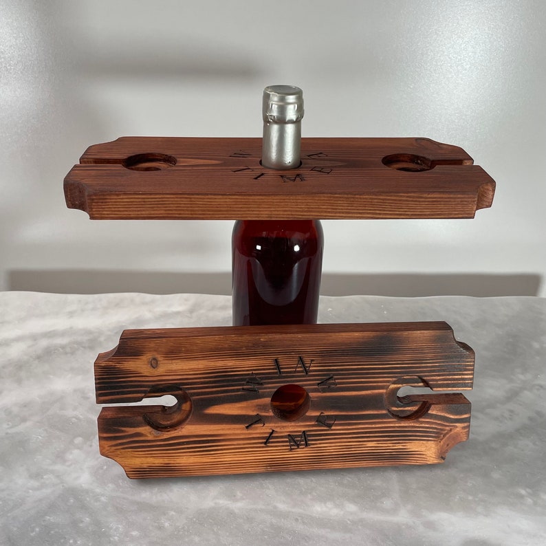 Handmade Modern Mahogany Wine Bottle & Glass Holder - Unique Wedding Or Gift Idea