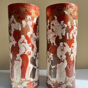Antique Pair Of Japanese Kutani Vases Kaga Meiji Era Scholars Design LARGE!