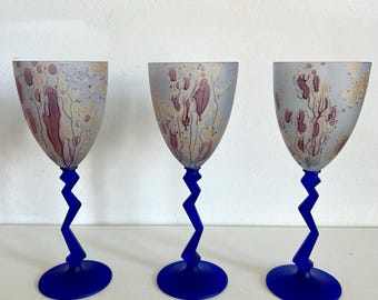 Schott Zwiesel Zig Zag Stem Wine Glasses X 3 Frosted Hand Painted Art Glass VGC!