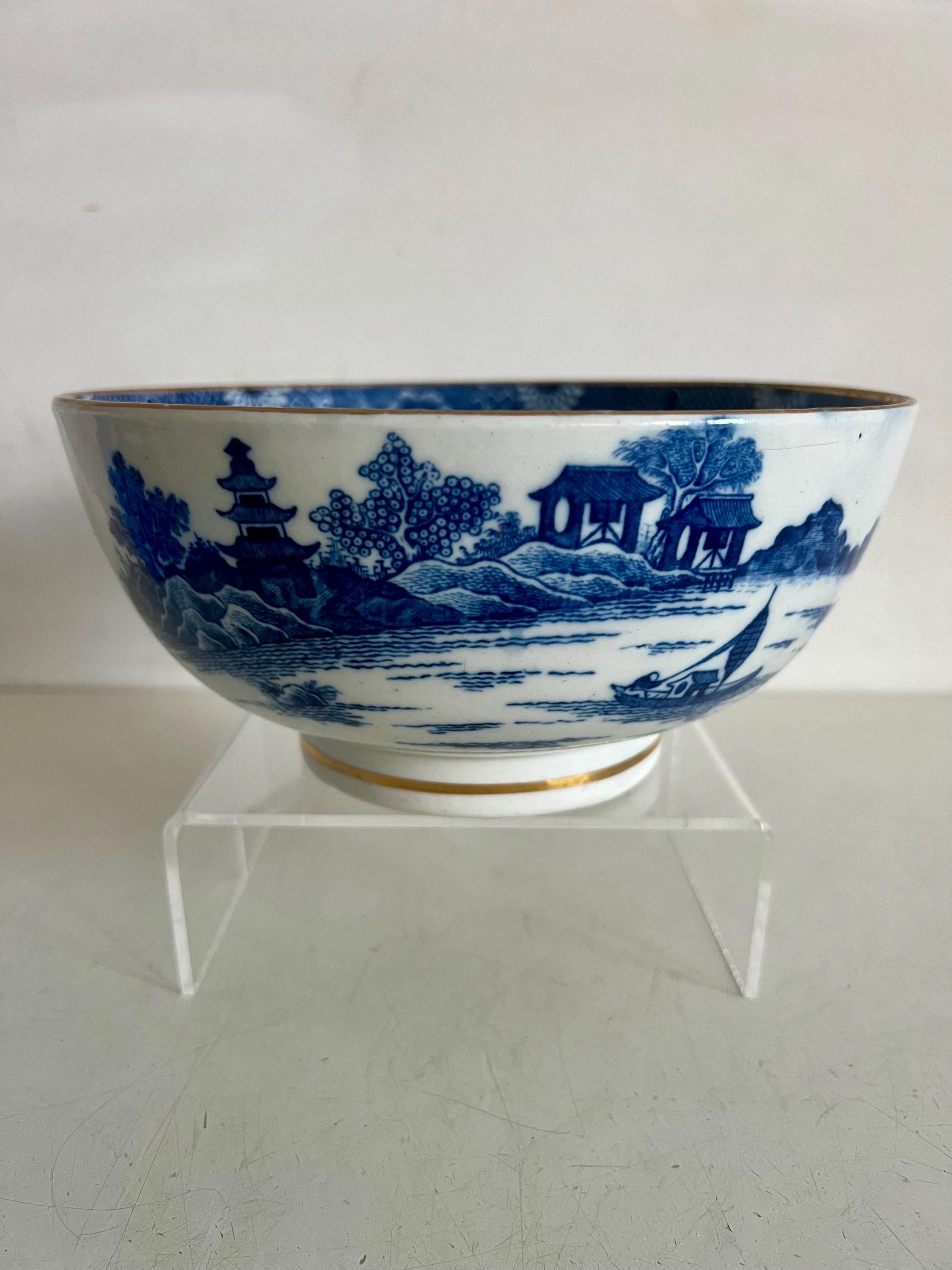 Antique English Caughley Blue Transferware Bowl Temple Pattern Large Circa 1785
