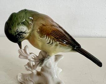 Karl Ens Porcelain Figurine Of A Titmouse Bird Upon A Branch VGC!