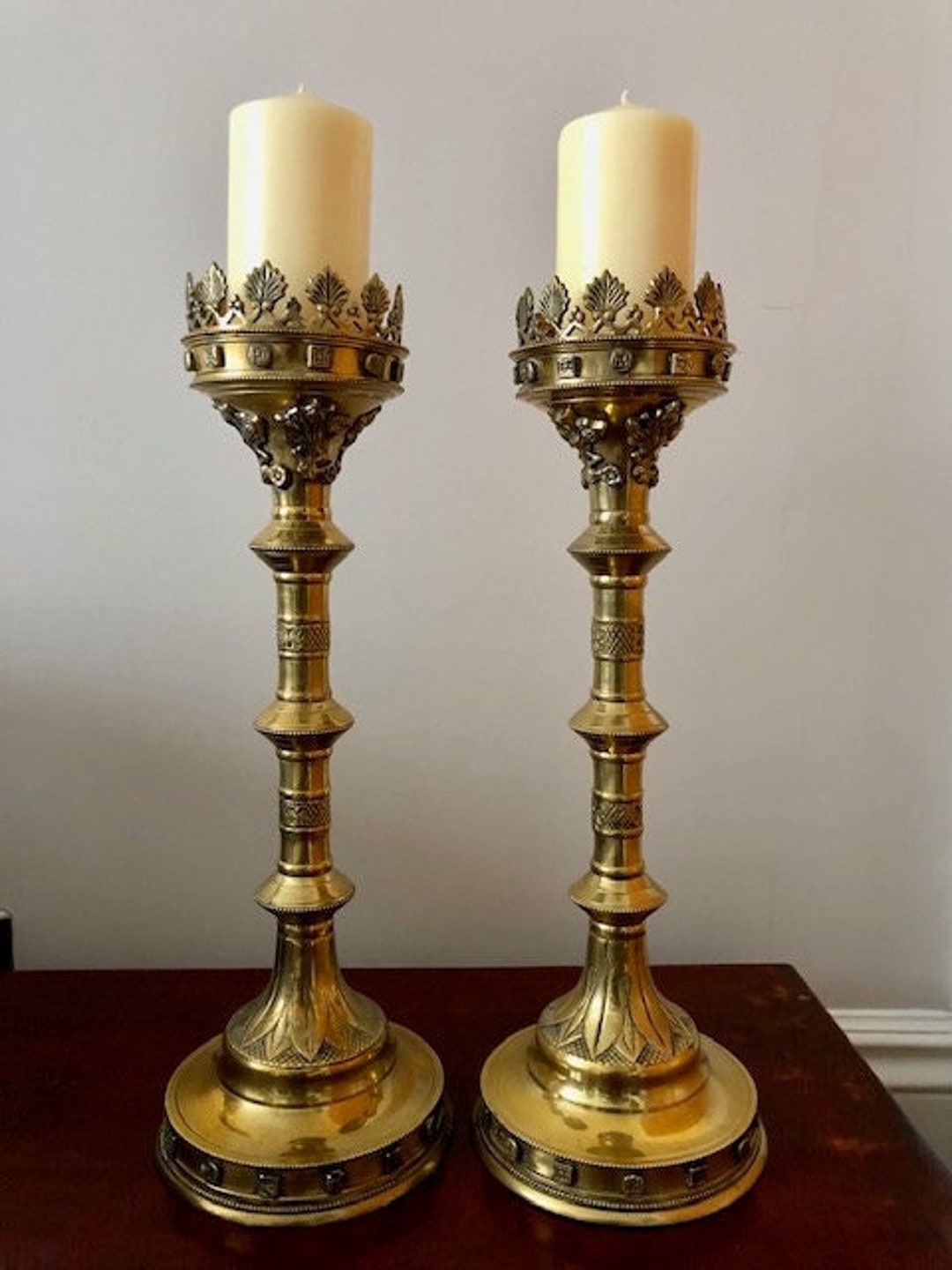 Large Pair of Antique Brass Church Candlesticks Altar Gold Etsy UK