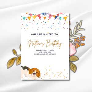BEWERKBARE VERJAARDAG | bluey en bingo | hond thema | bluey meisjes nodigen uit | Blauwachtig | hond puppy corgi | bruin neutraal | Axolotl-kind | buldog