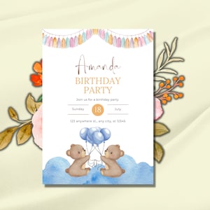 TEDDY BEAR BIRTHDAY | boy teddy bear | blue balloon birthday | bear invitation | brown bear party | brown bear invite | brown bear brown |