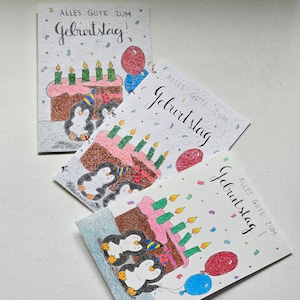 penguins with birthday cake | cheerful penguins | girls boys birthday | confetti and balloons | penguins with hat