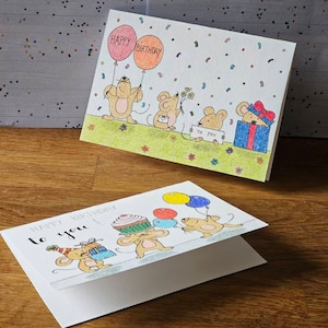 kid birthday card | letterpress birthday | birthday mouse card | party popper | mice card |mouse card | happy animal card |woodland animal