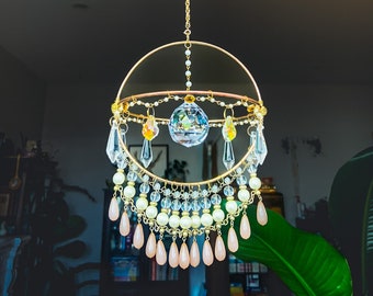 26” Handcrafted MCM Wire Orb Chandelier Suncatcher - Antique Teardrop K9 Crystals & Vintage Beadwork, Prism Wall Art Window Decor