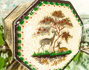 Vintage MCM Embossed Nature Scene Tin with Gazelles, Antelopes and Trees, Made in England 1960s