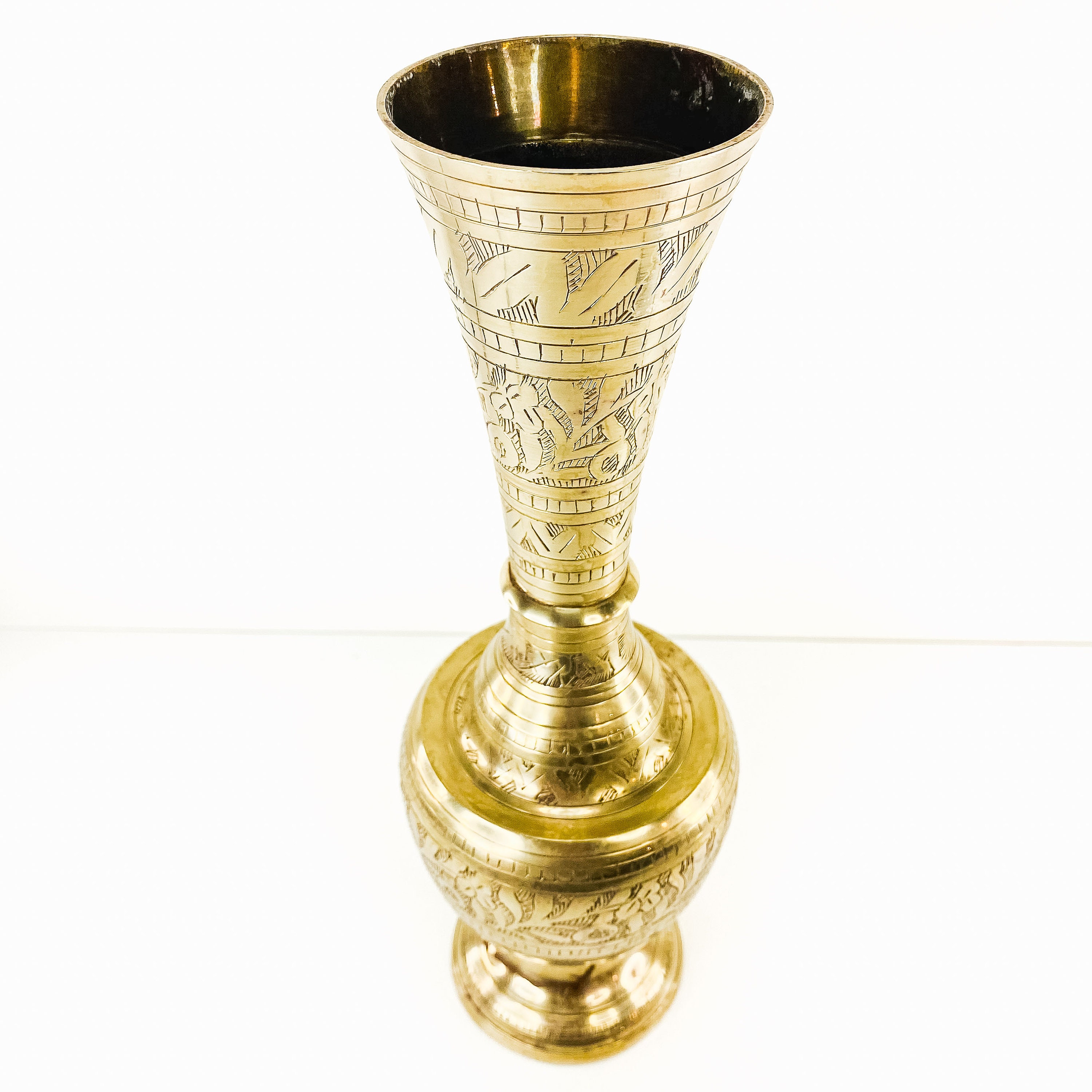 Vintage 1970s Brass Tall Vase With Etched Floral Designs, Made in India
