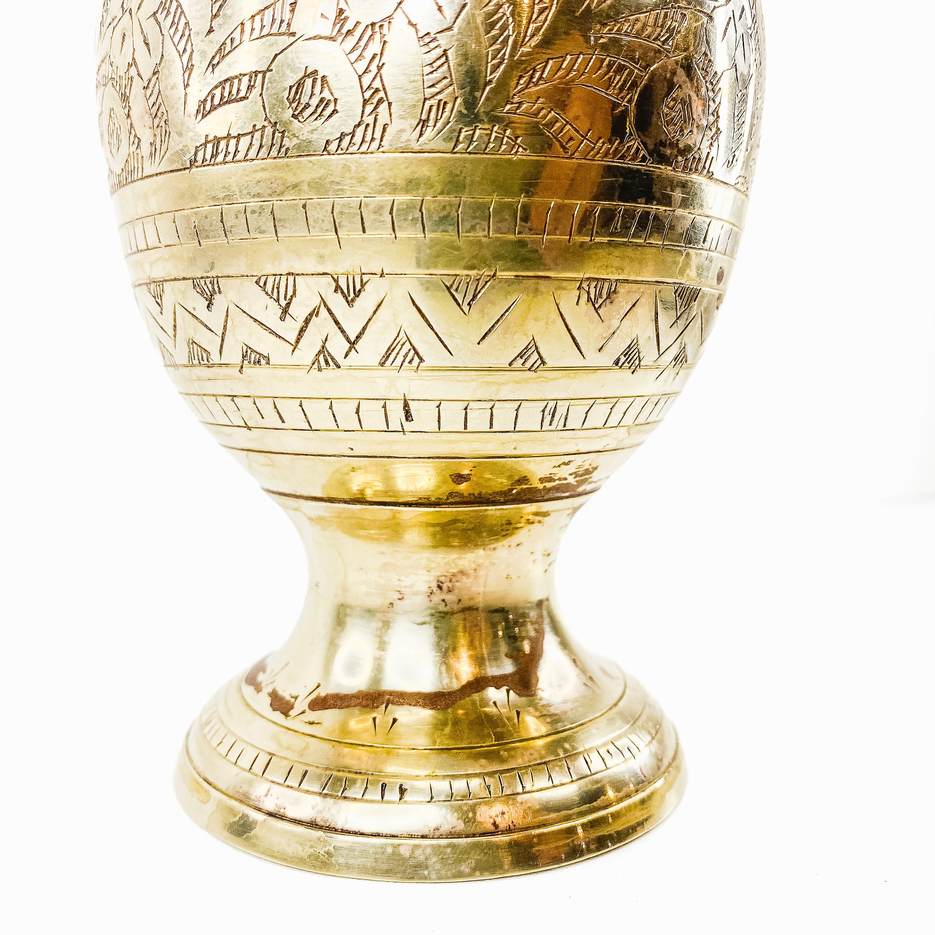 Vintage 1970s Brass Tall Vase With Etched Floral Designs, Made in India