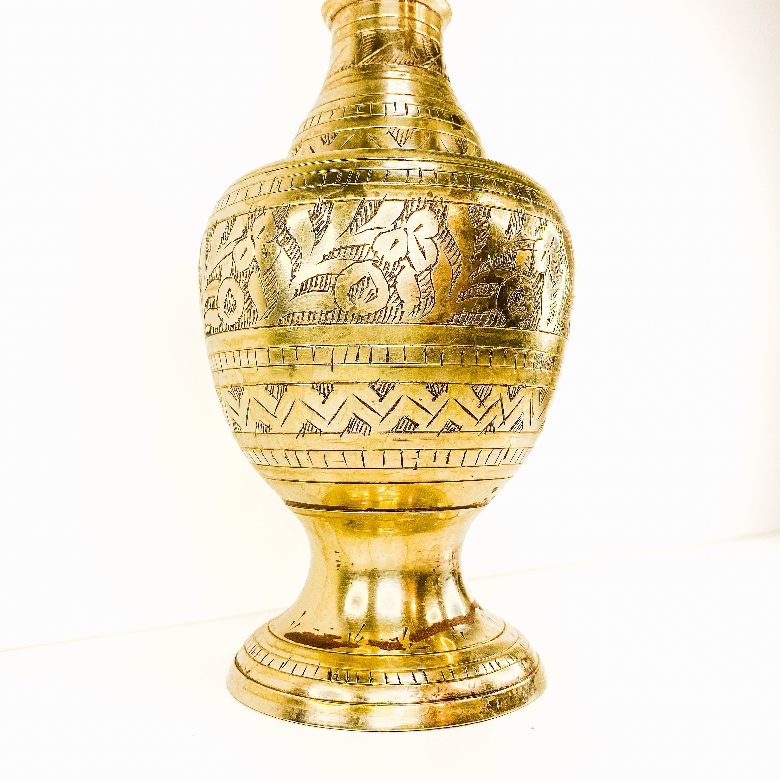 Vintage 1970s Brass Tall Vase With Etched Floral Designs, Made in India