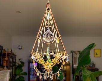 Radiant Prism Crystal Suncatcher - Handcrafted MCM Elegance with Floral Beadwork