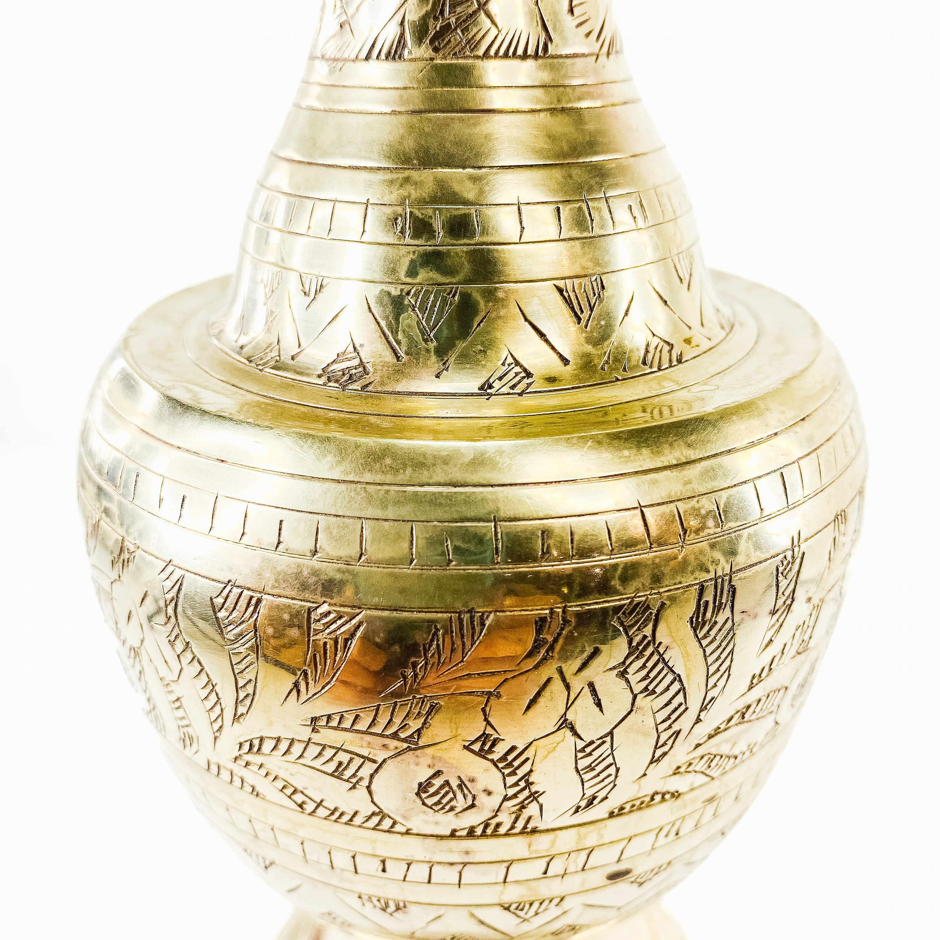 Vintage 1970s Brass Tall Vase With Etched Floral Designs, Made in India