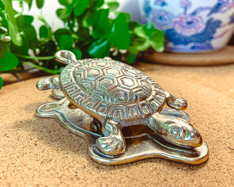 Vintage MCM Solid Brass Turtle Paperweight Clip Letter Holder Wall